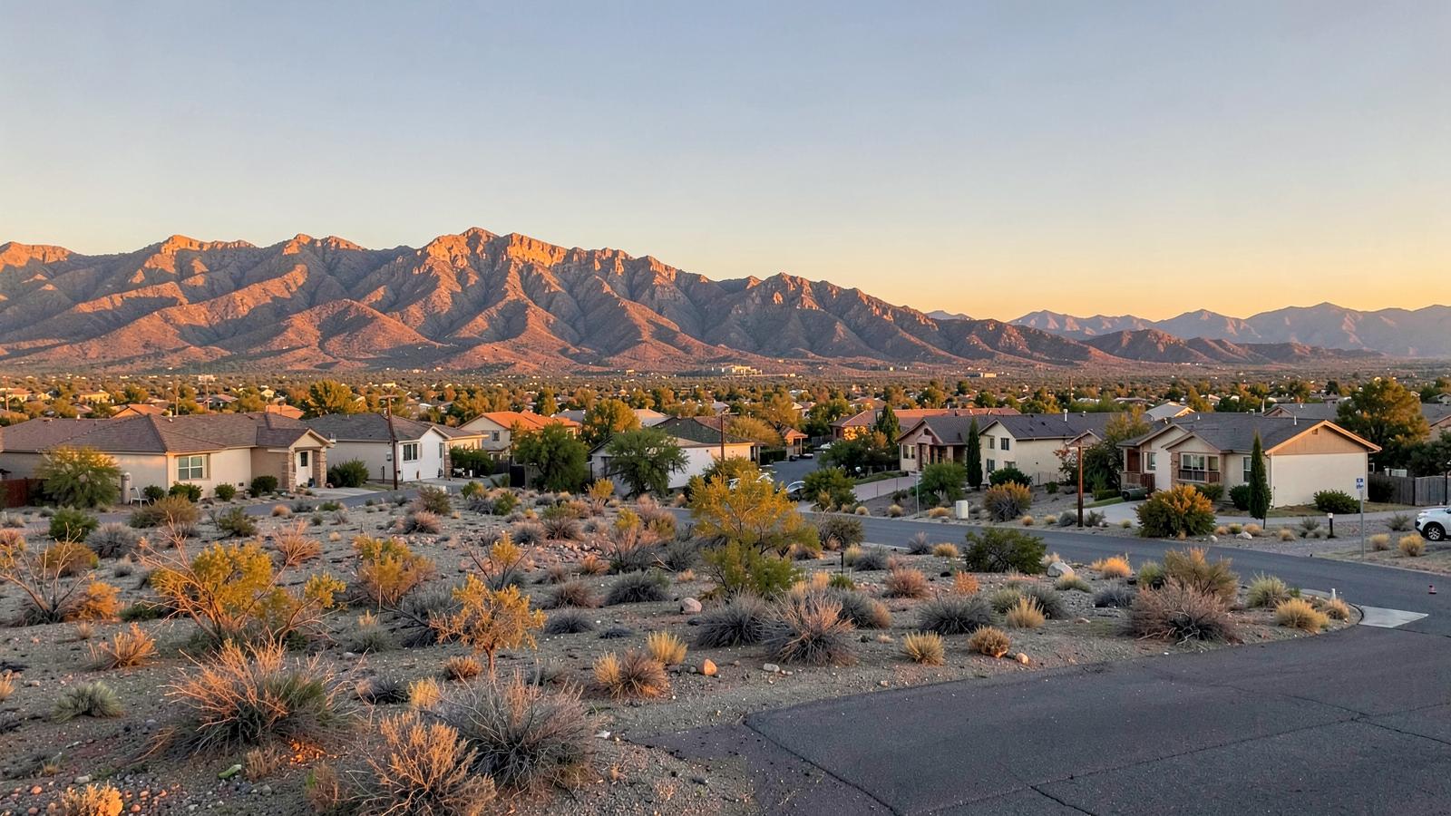 El Paso, Texas neighborhood with the Franklin Mountains at golden hour