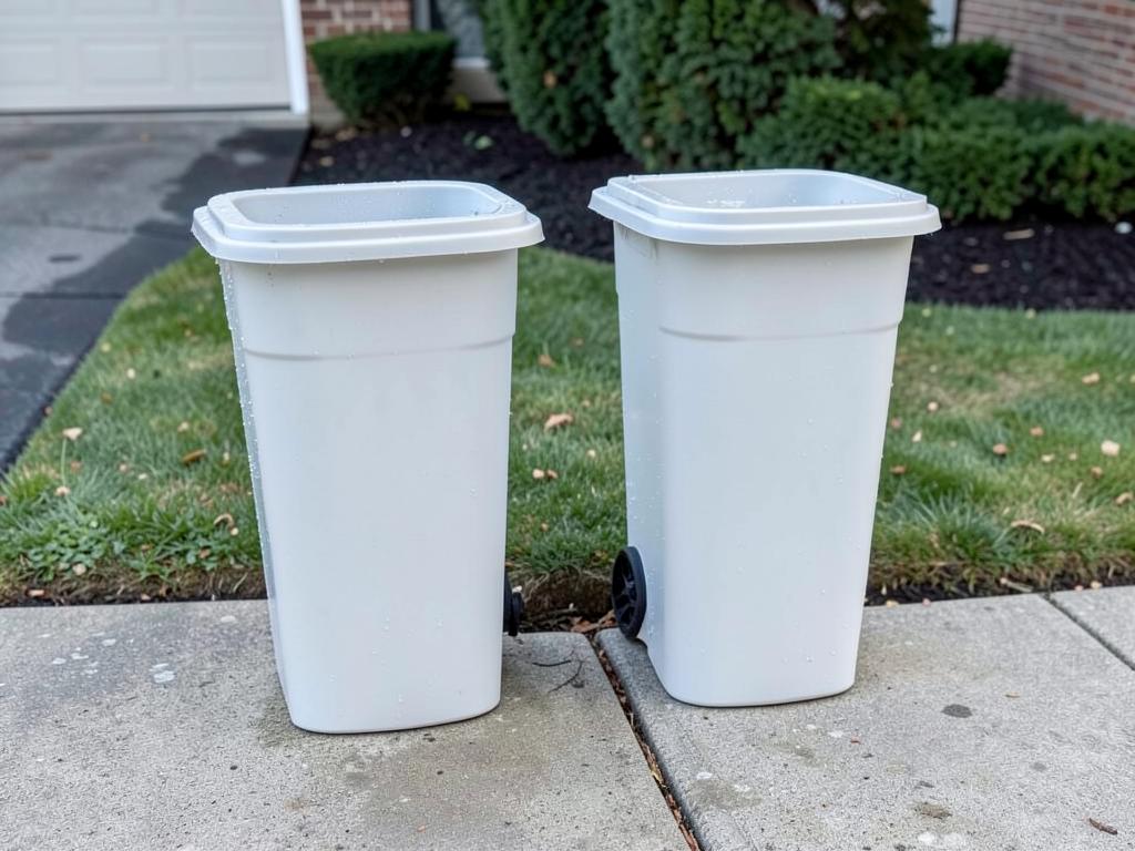 Two clean sanitized residential trash bins on a driveway