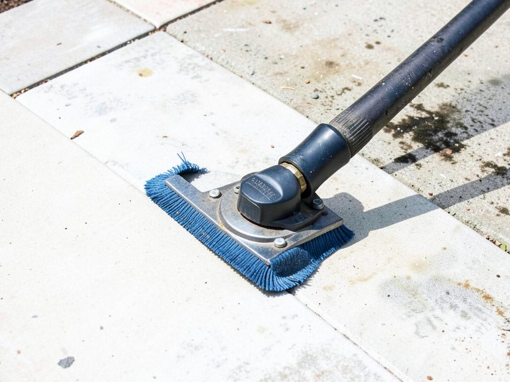 Surface cleaner restoring a stained concrete patio to clean gray
