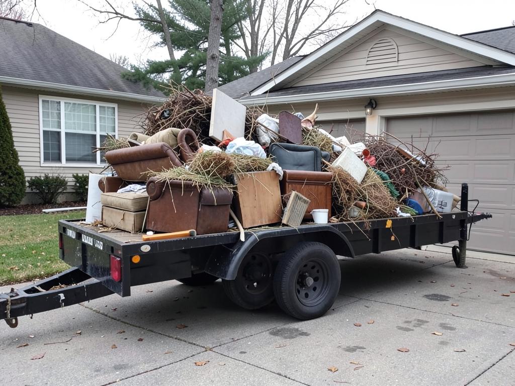 Trailer loaded with old furniture and yard debris for junk removal