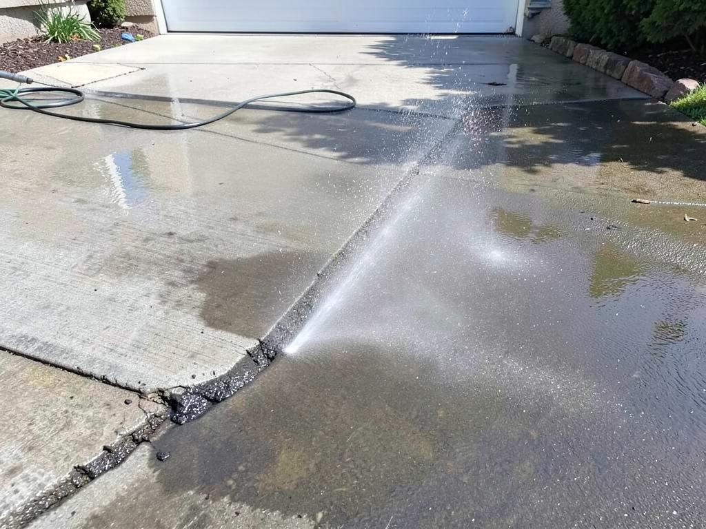 High pressure water cleaning a residential concrete driveway
