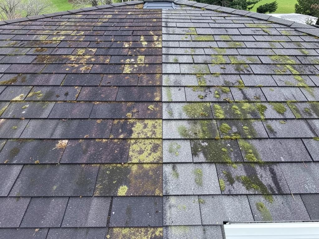 Residential shingle roof shown half dirty and half cleaned