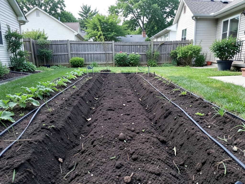Freshly tilled garden soil rows in a backyard